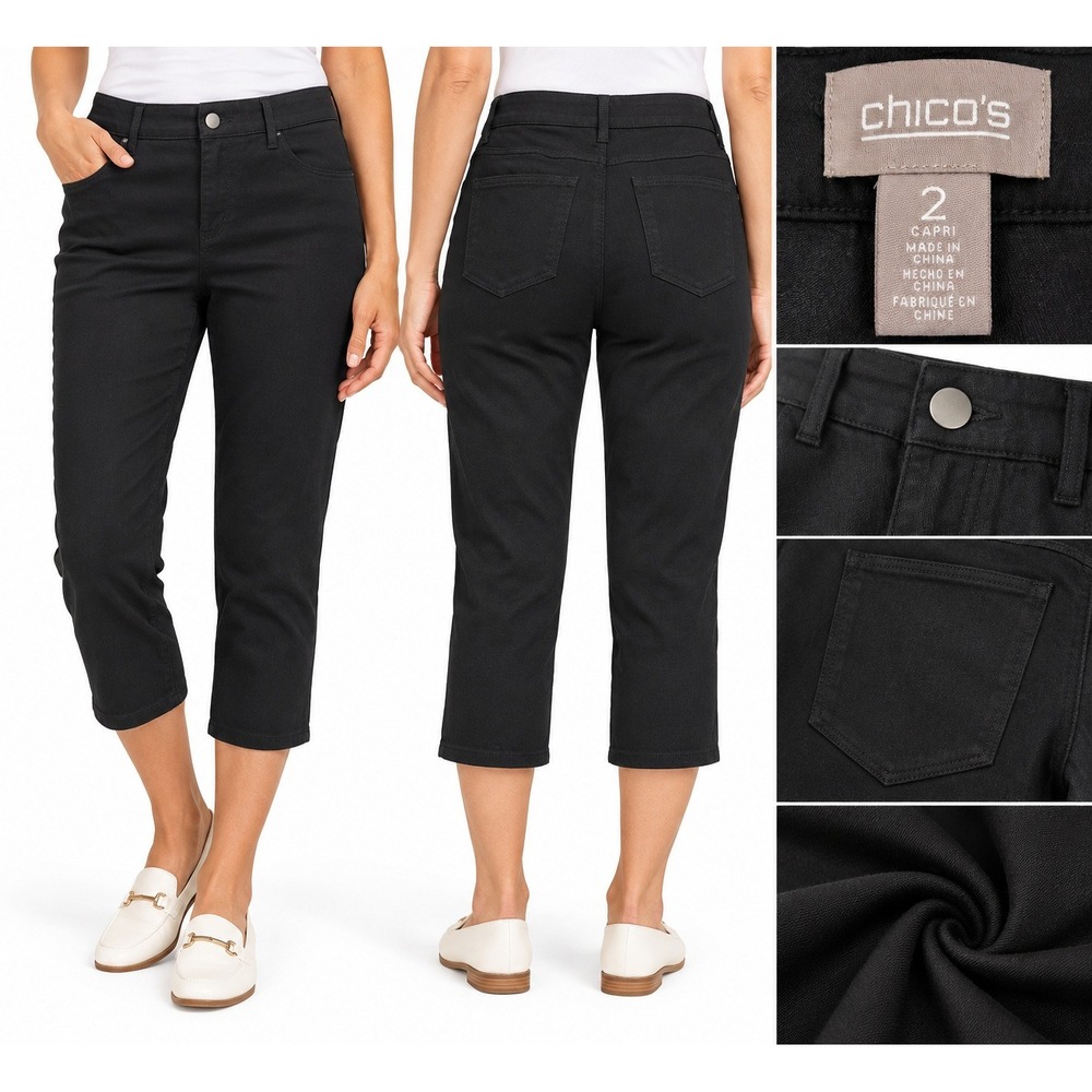 Chico's Women Black Stretch Capri Pants Cotton Blend Office Casual Size 2